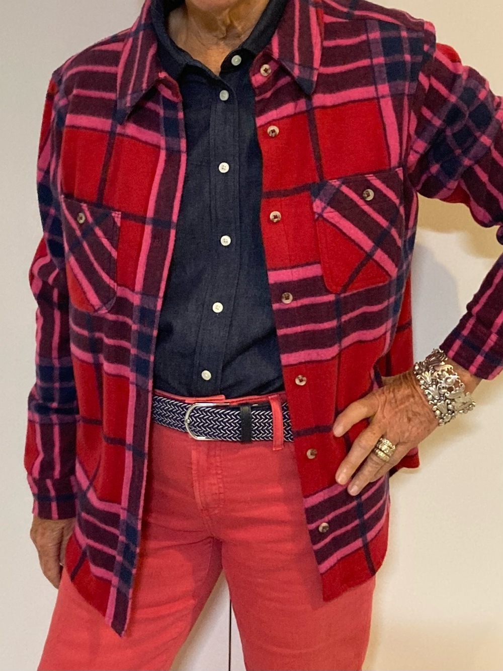 Plaid Button-Down Shirt in Fuchsia and Pink Small 6-8